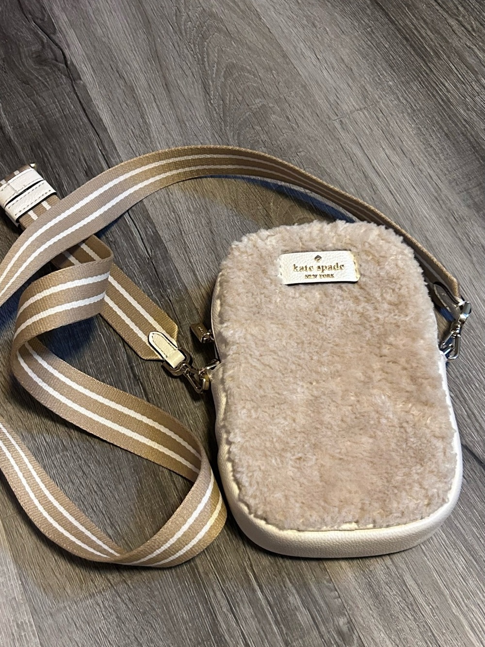 Kate Spade Rosie Beige Shearling and Striped Strap Crossbody